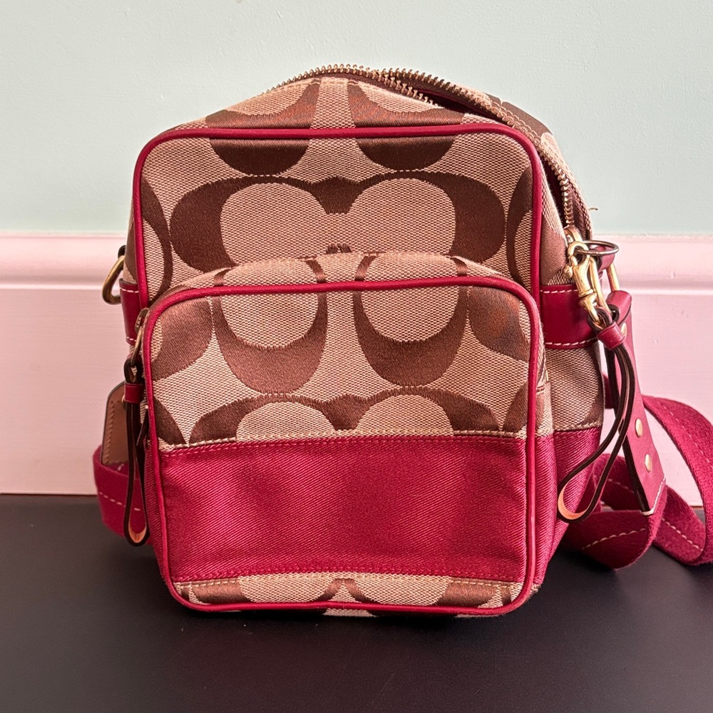 Coach Canvas Crossbody with Brown Signature Print & Red Trim